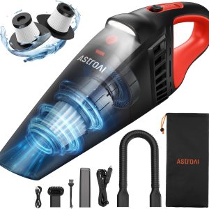 AstroAI手持式汽车无绳真空带配件，便携式吸尘器与12V直流电源，LED灯，毛刷，延长吸管，软管，迷你手持汽车，家庭，办公室…