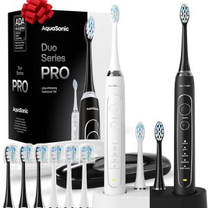 aquultrasonic Duo系列PRO -超美白电动牙刷套装- 5种模式和智能计时器-高级旅行箱和10个Proflex刷头- ADA认可的牙刷