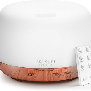 ASAKUKI精油扩散器500ml，远程控制超声波香薰加湿器，7个LED颜色，计时器和自动关闭，大型房间扩散器